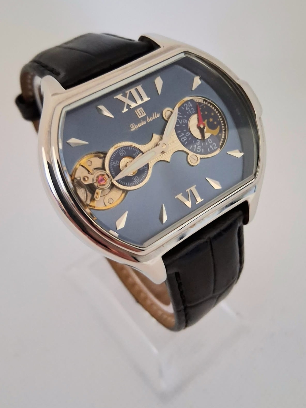 SUPER RARE Louis Bolle Pioneer II Men's Automatic Skeleton 44mm Moon Phase Watch